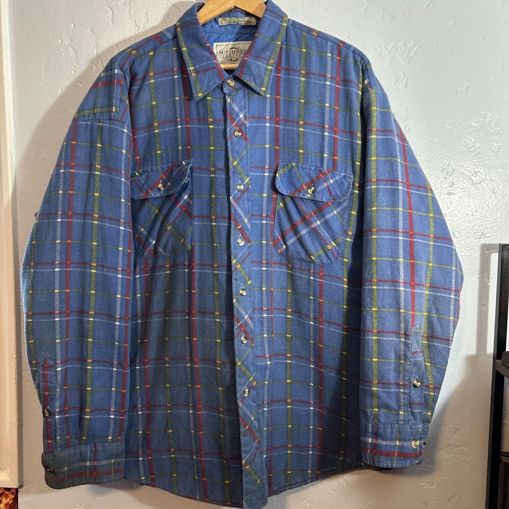 VTG 90s Northwest Territory Flannel Light Blue Shacket Quilt Line Plaid Mens 2XL